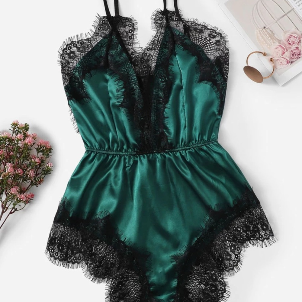 Lace trim satiny romper